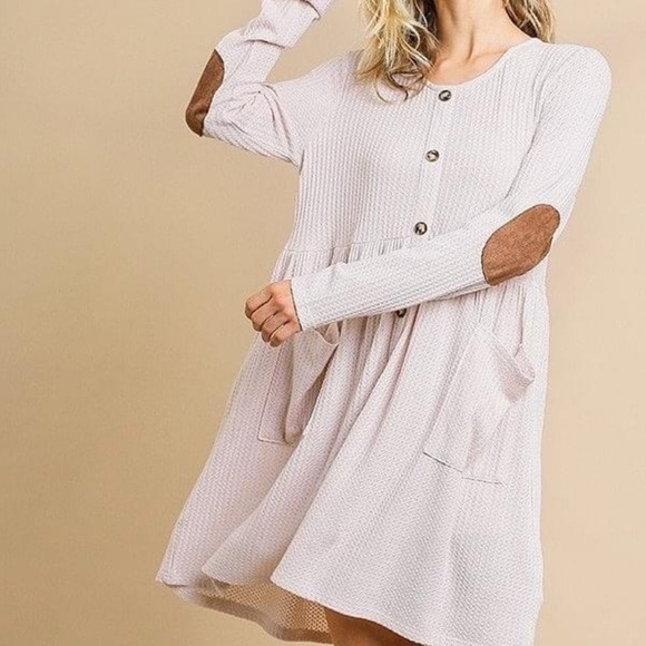 Umgee Waffle Knit Long Sleeve Elbow Patch Cream Babydoll Dress Women’s Size XL - Picture 2 of 12